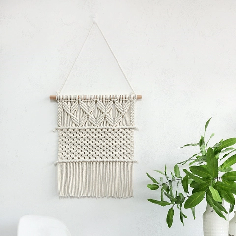 Arazzo Bohemien in Cotone Tessuto a Mano Elegante Appeso a Parete Macramè Geometrico Con Nappe e Bastone di Legno