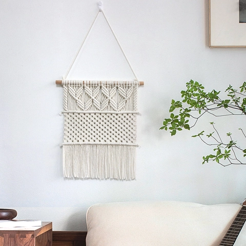 Arazzo Bohemien in Cotone Tessuto a Mano Elegante Appeso a Parete Macramè Geometrico Con Nappe e Bastone di Legno
