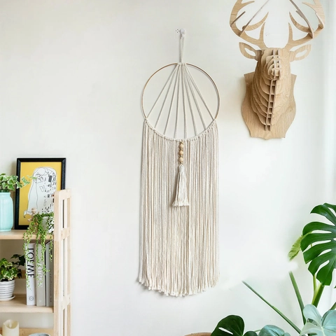 Bohemian Macrame Wall Hanging Hand Woven Cotton Rope Tapestry With Wooden Beads Golden Metal Rings Long Tassel Home Decor