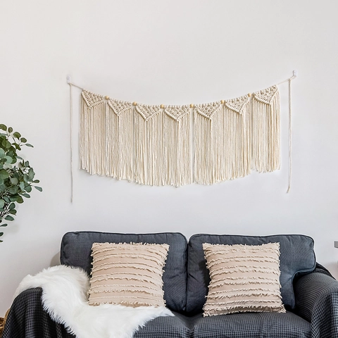 Böhmischer Macrame Wandbehang Großer Handgewebter Baumwoll Quasten Wandteppich Boho Wanddeko Mit Holzperlen Für Wohnzimmer