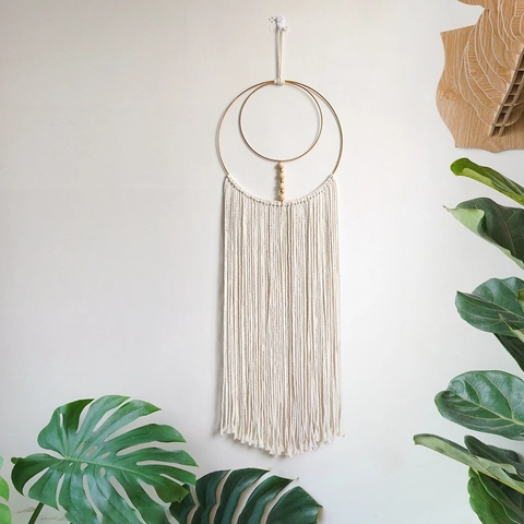 Bohemian Macrame Wall Hanging Hand Woven Cotton Rope Tapestry With Wooden Beads Golden Metal Rings Long Tassel Home Decor
