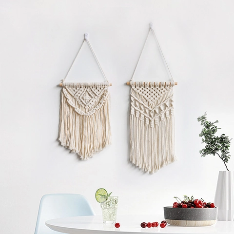 Bohemian Hand Woven Macrame Wall Hanging Cotton Rope Tassel Geometric Wall Art Decor With Wood Rod For Bedroom Living Room