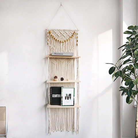 Gestuftes Makramee Wandregal Handgewebtes Baumwollseil Wandteppich Schwebende Holzregale Boho Haus Dekoration Lagerung