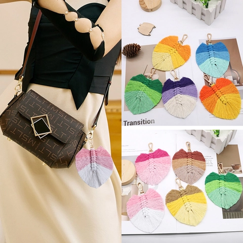 Handmade Macrame Leaf Keychain For Women Bohemian Cotton Tassel Bag Charm Gradient Feather Pendant Key Ring Accessory Gift