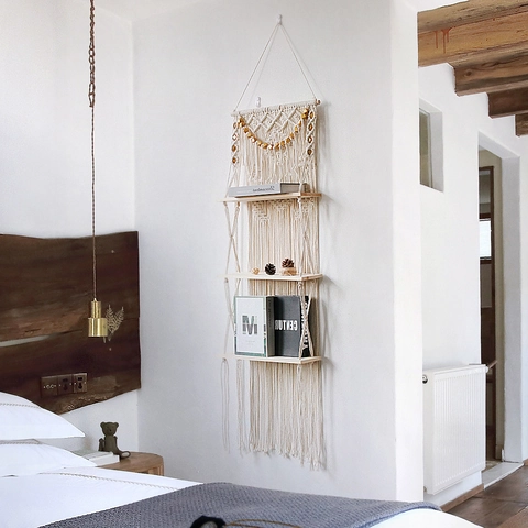 Gestuftes Makramee Wandregal Handgewebtes Baumwollseil Wandteppich Schwebende Holzregale Boho Haus Dekoration Lagerung