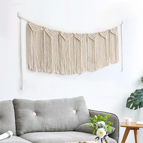 Böhmischer Macrame Wandbehang Großer Handgewebter Baumwoll Quasten Wandteppich Boho Wanddeko Mit Holzperlen Für Wohnzimmer