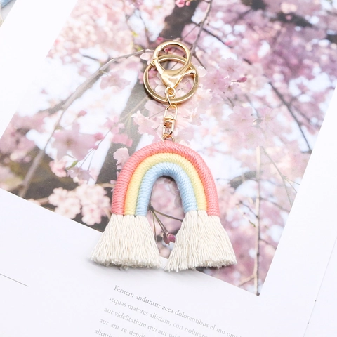 Porte-clés Arc-en-Ciel Tissé à la Main Breloque de Sac à Gland en Coton Bohême Pour Femmes Filles Accessoire