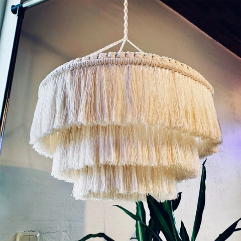Paralume in Corda di Cotone Intrecciata a Mano Boho Macramè con Nappine Copertura per Lampada a Sospensione