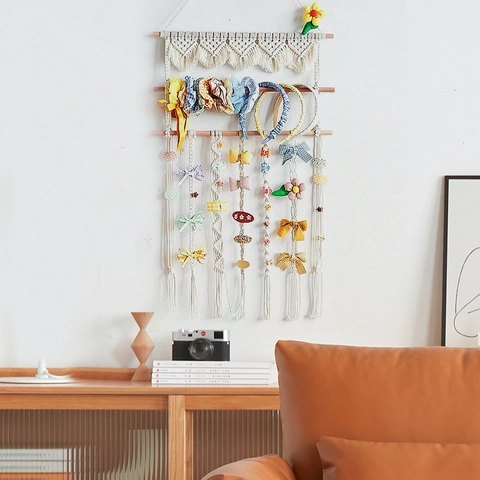 Porta Fiocchi per Capelli in Macramè di Cotone Intrecciato a Mano Bohemienne Scaffale per Accessori per Capelli con Barre di Legno