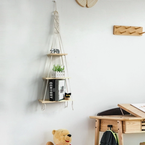 Handwoven Bohemian Macrame Wall Hanging Tapestry With 3 Tier Wooden Shelves For Home Living Room Bedroom Decoration Wall Organizer