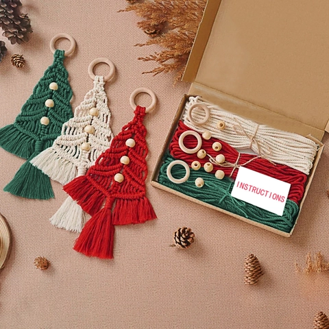 Kit de Bricolaje Árbol de Navidad Macramé Cuerda de Algodón Decoración de Pared Hecha a Mano para el Hogar Regalo de Navidad