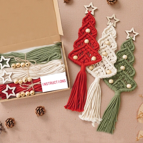 Kit de Bricolaje Árbol de Navidad Macramé Cuerda de Algodón Decoración de Pared Hecha a Mano para el Hogar Regalo de Navidad