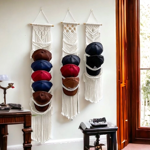 Boho Handgewebte Macrame Hut Organizer Baumwollseil Wandbehang Tapisserie Nordic Style Baseball Kappe Display Rack Home Decor