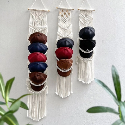 Boho Handgewebte Macrame Hut Organizer Baumwollseil Wandbehang Tapisserie Nordic Style Baseball Kappe Display Rack Home Decor