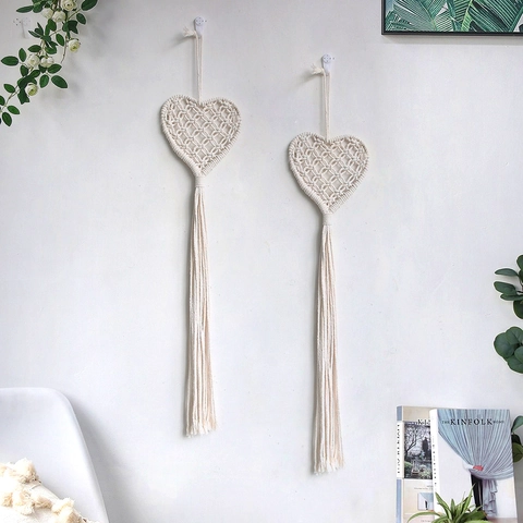 Arazzo da Parete in Stile Nordico Intrecciato a Mano a Forma di Cuore con Nappine in Corda di Cotone per Arredamento Casa