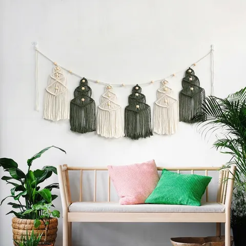 Handmade Macrame Christmas Tree Tapestry Cotton Rope Woven Wall Hanging Garland With Wooden Beads Home Holiday Decoration