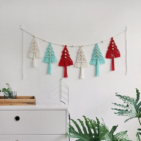 Handmade Macrame Christmas Tree Tapestry Cotton Rope Woven Wall Hanging Garland With Wooden Beads Home Holiday Decoration
