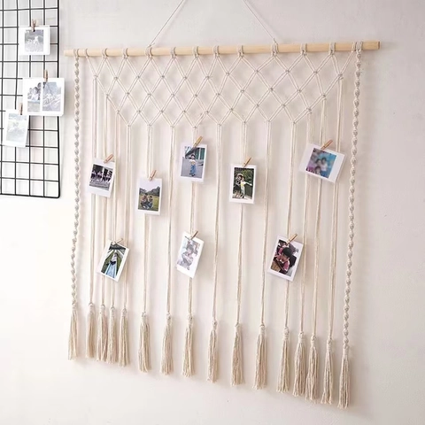 Bohemian Handwoven Macrame Wall Hanging With Wooden Rod And Clips Cotton Woven Tapestry For Photo Display Home Decor