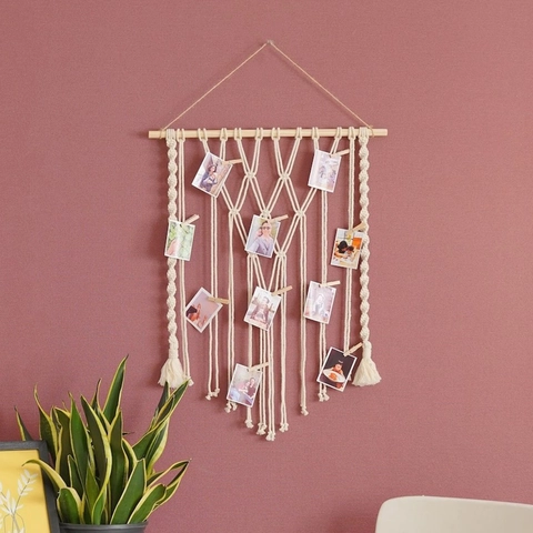 Bohemian Handwoven Macrame Wall Hanging With Wooden Rod And Clips Cotton Woven Tapestry For Photo Display Home Decor