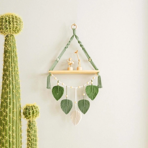 Boho Handgewebtes Makramee Wandhänge-Regal Mit Blattquasten Nordische Baumwollseil Schwebende Holzregale Für Haus Dekor