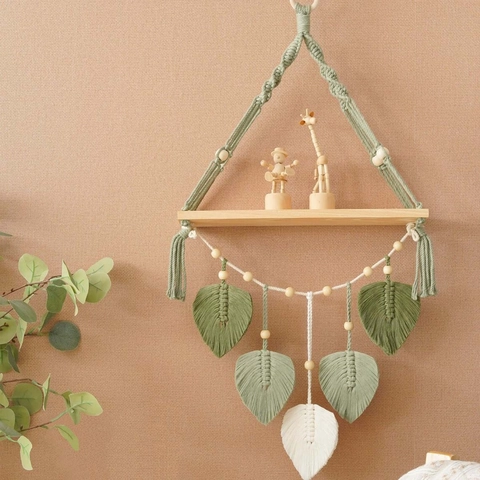 Boho Handgewebtes Makramee Wandhänge-Regal Mit Blattquasten Nordische Baumwollseil Schwebende Holzregale Für Haus Dekor