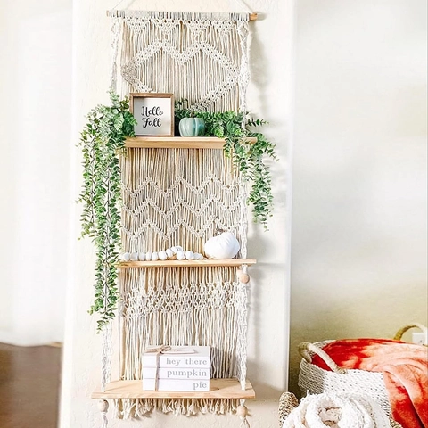 Bohemian Hand-Woven Macrame Wall Hanging Tapestry With 3-Tier Wooden Shelves Nordic Cotton Rope Storage Rack Home Decor