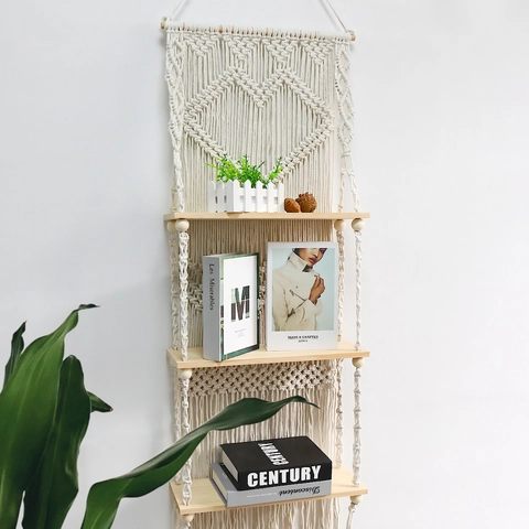 Bohemian Hand-Woven Macrame Wall Hanging Tapestry With 3-Tier Wooden Shelves Nordic Cotton Rope Storage Rack Home Decor
