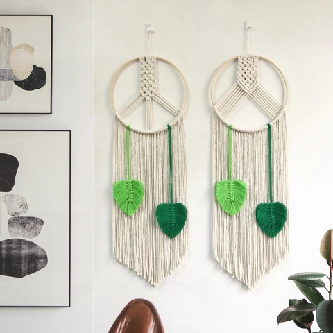 Handmade Macrame Wall Hanging Bohemian Cotton Rope Woven Peace Sign Leaf Tapestry Nordic Home Wall Decor Art For Living Room