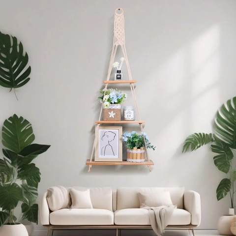 Handwoven Bohemian Macrame Wall Hanging Tapestry With 3 Tier Wooden Shelves For Home Living Room Bedroom Decoration Wall Organizer