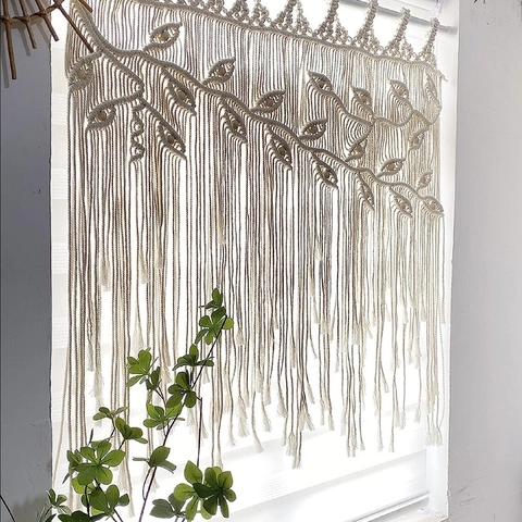 Arazzo da Parete in Macramé Fatto a Mano Bohémien Corda di Cotone Motivo Foglia Nappe Decorazioni per la Casa Soggiorno