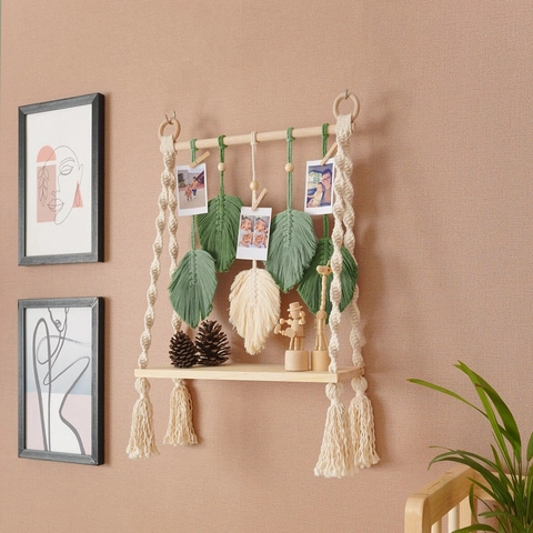 Bohemian Macrame Wall Hanging With Wood Shelf Handmade Woven Leaf Pattern Nordic Style Floating Shelf For Home Decor