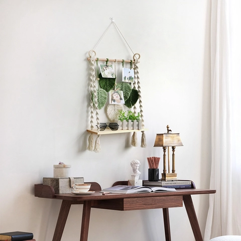 Bohemian Macrame Wall Hanging With Wood Shelf Handmade Woven Leaf Pattern Nordic Style Floating Shelf For Home Decor