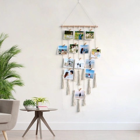 Arazzo in Cotone Tessuto a Mano Bohemian Espositore per Foto da Parete Macramè Decorazione Con Clip in Legno e Asta Casa