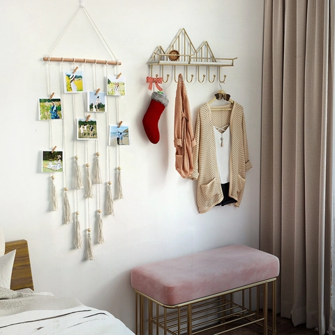 Arazzo in Cotone Tessuto a Mano Bohemian Espositore per Foto da Parete Macramè Decorazione Con Clip in Legno e Asta Casa