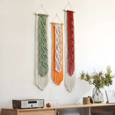 Arazzo da Parete Macramè Bohemien con Nappa a Foglia Corda di Cotone Tessuta a Mano Decorazione Artistica Nordica per Camera da Letto Soggiorno