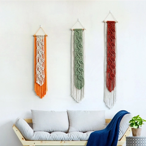 Arazzo da Parete Macramè Bohemien con Nappa a Foglia Corda di Cotone Tessuta a Mano Decorazione Artistica Nordica per Camera da Letto Soggiorno