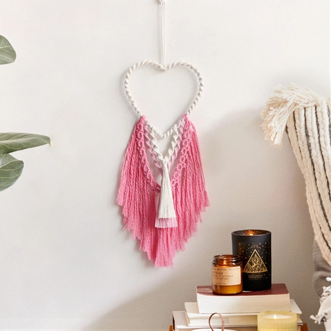 Arazzo Bohemien a Forma di Cuore Tessuto a Mano in Cotone Con Nappine Macrame Decorazione da Parete per Camera da Letto Soggiorno Nozze