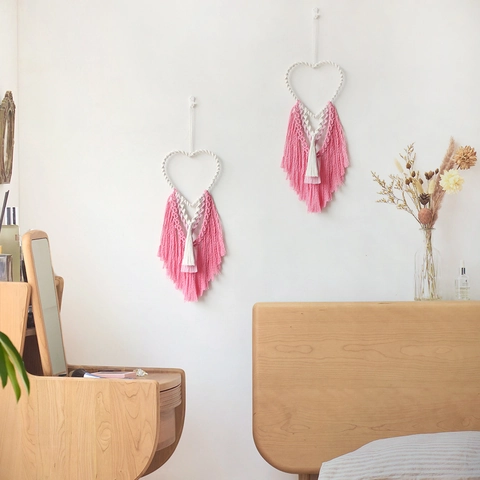 Arazzo Bohemien a Forma di Cuore Tessuto a Mano in Cotone Con Nappine Macrame Decorazione da Parete per Camera da Letto Soggiorno Nozze