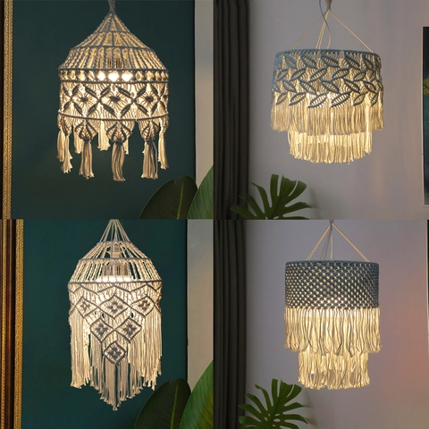 Bohemian Hand Woven Cotton Macrame Lamp Shade Tassel Hanging Decorative Cover For Pendant Light Nordic Home Hotel Decor
