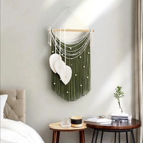 Arazzo Macrame in Tessuto di Poliestere Fatto a Mano in Stile Bohemien Con Bastone di Legno Nappina a Foglia per Camera da Letto
