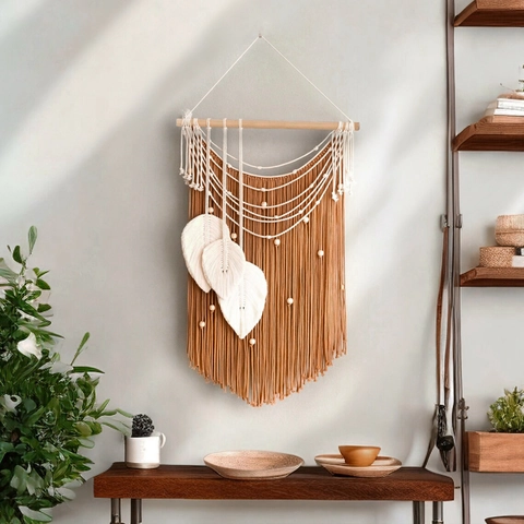 Arazzo Macrame in Tessuto di Poliestere Fatto a Mano in Stile Bohemien Con Bastone di Legno Nappina a Foglia per Camera da Letto