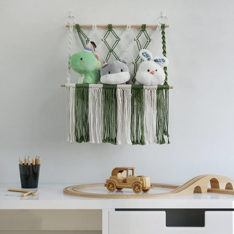 Boho Macrame Spielzeug Aufbewahrung Hängematte Handgewebte Baumwolle Wandteppich Mit Holzstange Für Kinderzimmer Dekorative Organisation
