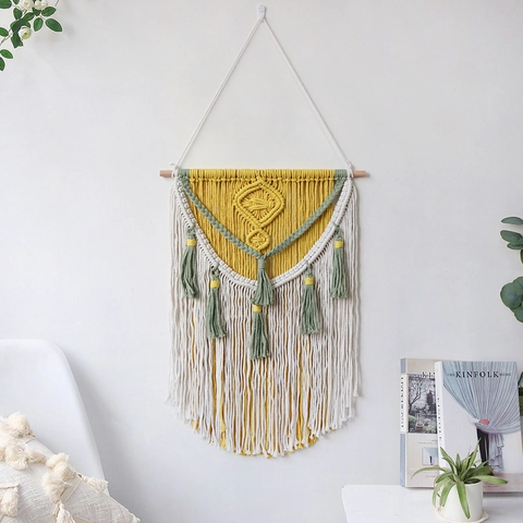 Handgefertigte Macrame Wandbehang Baumwollseil Boho Quasten Wandteppich Holzstange Geometrisch Nordic Wohnzimmer Wanddekor