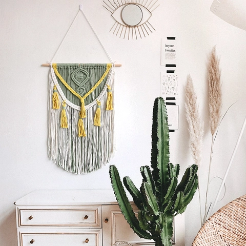 Handgefertigte Macrame Wandbehang Baumwollseil Boho Quasten Wandteppich Holzstange Geometrisch Nordic Wohnzimmer Wanddekor