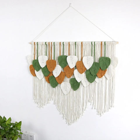 Arazzo da Parete Macramè in Cotone Intrecciato a Mano a Forma di Foglia Con Asta in Legno Boho Decorazione per Soggiorno Camera