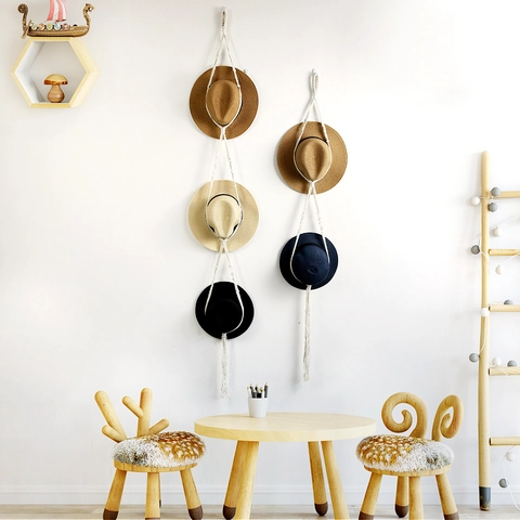 Bohemian Makramee Hutständer Handgewebtes Baumwollseil Wandbehang Hut Organizer Quaste Aufbewahrung Display Rack Für Breitkrempigen Hut