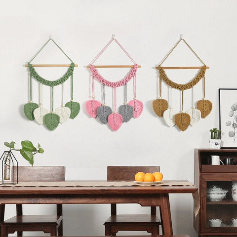 Bohemian Macrame Wall Hanging Woven Cotton Leaf Tassel Tapestry Handmade Wood Bead Wall Art Decor For Living Room Bedroom Home