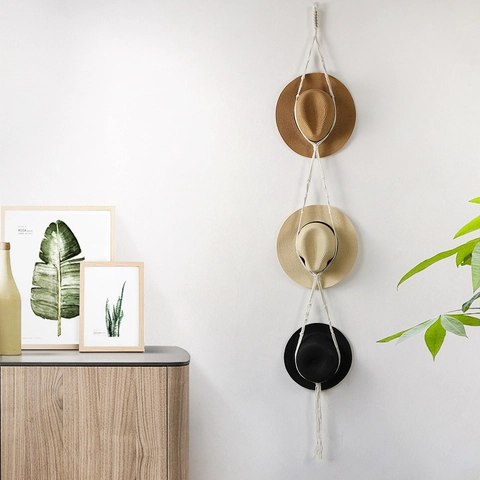Bohemian Makramee Hutständer Handgewebtes Baumwollseil Wandbehang Hut Organizer Quaste Aufbewahrung Display Rack Für Breitkrempigen Hut