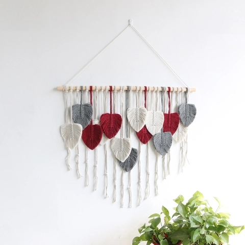 Handgemacht Makramee Wandbehang Blatt Quaste Wandteppich Boho Baumwolle Gewebt Wandkunst Dekor Mit Holzstange Für Schlafzimmer