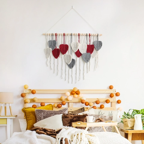 Handgemacht Makramee Wandbehang Blatt Quaste Wandteppich Boho Baumwolle Gewebt Wandkunst Dekor Mit Holzstange Für Schlafzimmer